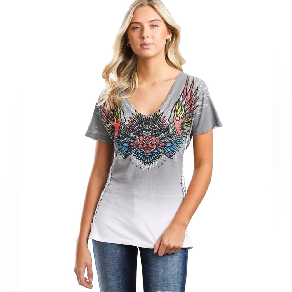 Affliction Gray to White Ombre V-Neck Tee with Colorful Graphic